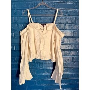 Material Girl Ivory Cold‎ Shoulder O-Ring Button Down Crop Top Bell Sleeve XL